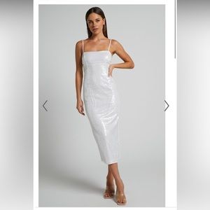 Gween Clear Sequin Sheer Midi Dress White